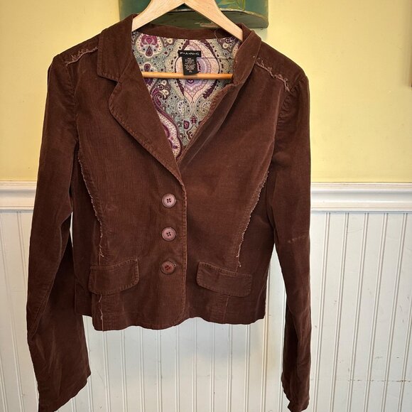 FANG Brown Corduroy Blazer Jacket XL Y2K Paisley Cotton Lining & Button Front - Picture 1 of 5